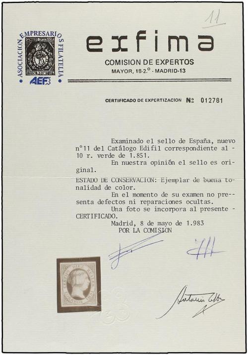 ° ESPAÑA. Ed. 11. 10 reales verde. Color y márgenes excepcio