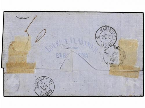 ✉ ESPAÑA. Ed. 52, 55. 1860. BARCELONA a LYON (Francia). 4 cu