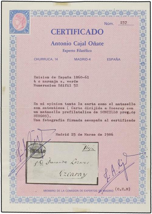 ✉ ESPAÑA. Ed. 52. 1860. SONCILLO a EZCARAY. 4 cuartos amaril