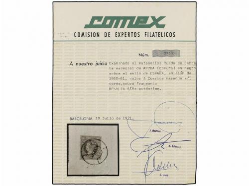 Δ ESPAÑA. Ed. 52. 4 cuartos amarillo sobre fragmento mat. RU