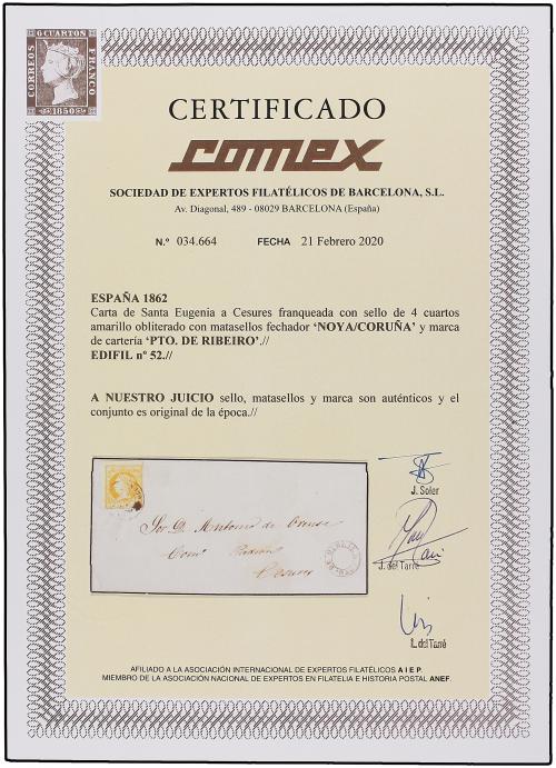 ✉ ESPAÑA. Ed. 52. 1862. SANTA EUGENIA a CESURES. 4 cuartos a