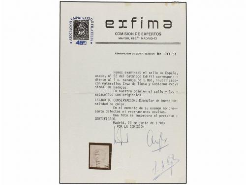 ° ESPAÑA. Ed. 52 (2). 4 cuartos amarillo, dos sellos recontr