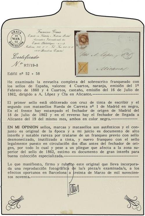 ✉ ESPAÑA. Ed. 52+58. 1862 (18 Julio). Carta circulada con se