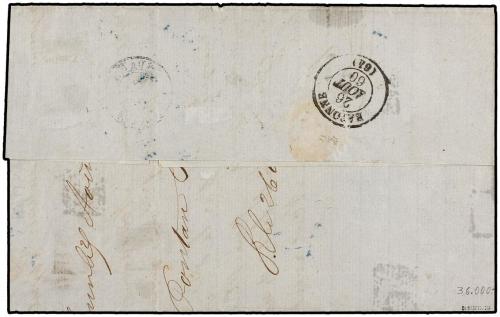 ✉ ESPAÑA. Ed. 51, 52. 1860. IRUN a BAYONEE. 2 cuartos verde 