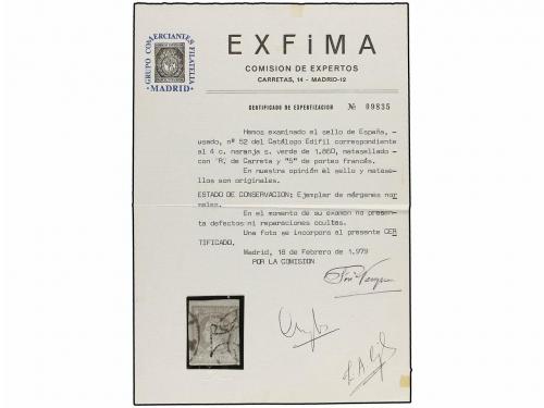 ° ESPAÑA. Ed. 52 (2). 4 cuartos amarillo. Dos sellos con mat