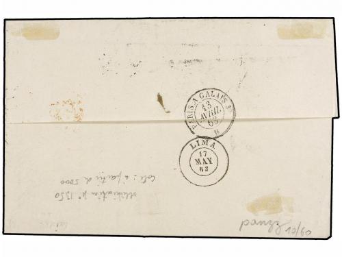 ✉ FRANCIA. Yv. 14B (6). 1863. PARÍS a LIMA. 20 cts. azul, se