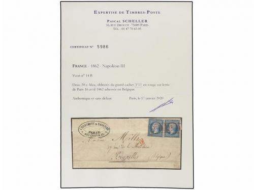✉ FRANCIA. 1862. PARÍS a BRUSELAS. 20 cts. azul (2). Matasel