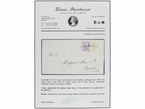 ✉ COLOMBIA. Sc. 54a, 62a. 1868. MEDELLÍN a BOGOTÁ. 5 cts. am