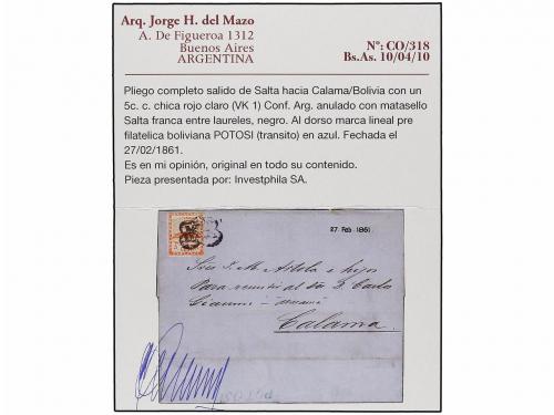 ✉ ARGENTINA. Sc. 1. 1861. SALTA a CALAMA (Bolivia) para remi