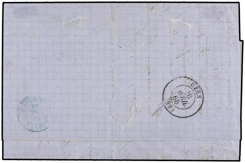 ✉ ESPAÑA. Ed. 70. 1865. AMPOSTA (Tarragona) a UZES (Francia)