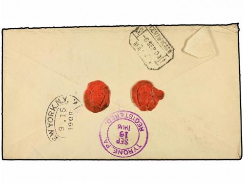 ✉ ESPAÑA. Ed. 251, 243. 1908. SEVILLA a U.S.A. 10 cts. rojo 