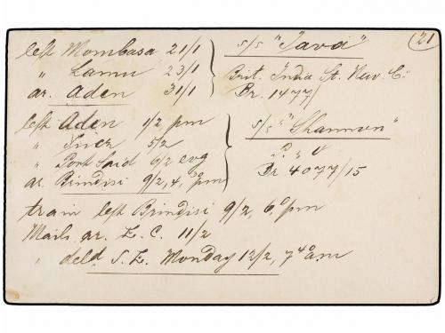 ✉ AFRICA ORIENTAL BRITANICA. 1891. MOMBASA to LONDON. 1 d. b