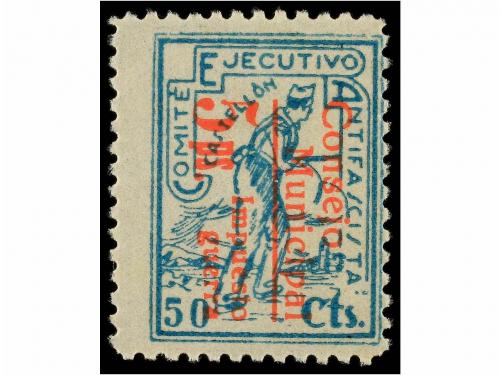 * ESPAÑA GUERRA CIVIL. CASTELLÓN. 5 pts. s. 50 cts. azul hab