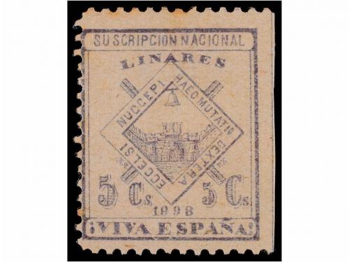 * ESPAÑA: VIÑETAS. LINARES GUERRA DE CUBA. 5 cts. lila y 5 c