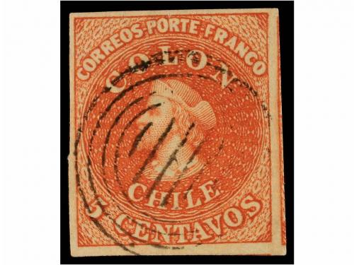 ° CHILE. Sc. 3. 1854. 5 ctvos castaño rojo. Impresión Desmad
