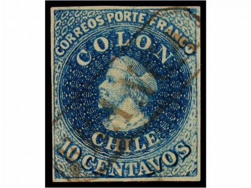 ° CHILE. Sc. 10. 1856-62. 10 ctvos. azul. Estancos. Mat. lin