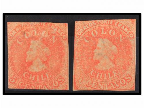 ° CHILE. Sc. 9f (2). 1856-62. 5 ctvos. rojo. Estancos. Dos s