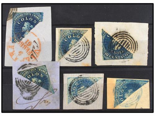 Δ CHILE. Sc. 10. 1856-62. 10 ctvos. azul. Estancos. Seis fra