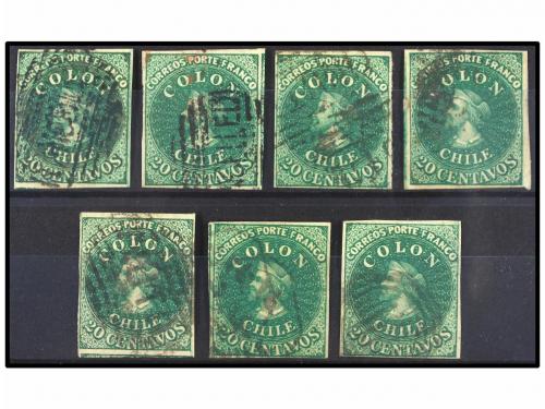° CHILE. Sc. 13 (7). 1862. 20 ctvos. verde. Siete sellos, di