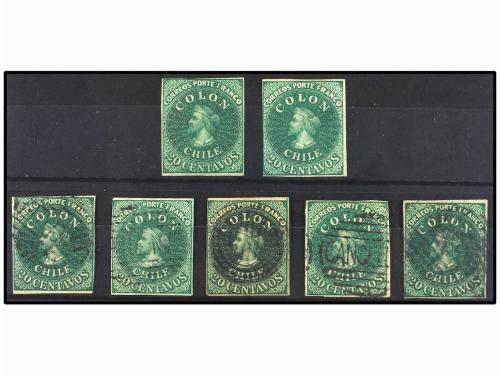 (*)/° CHILE. Sc. 13 (7). 1862. 20 ctvos. verde. Dos sellos n