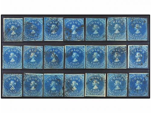 ° CHILE. Sc. 12 (21). 1862. 10 ctvos. azul. Segunda tirada d