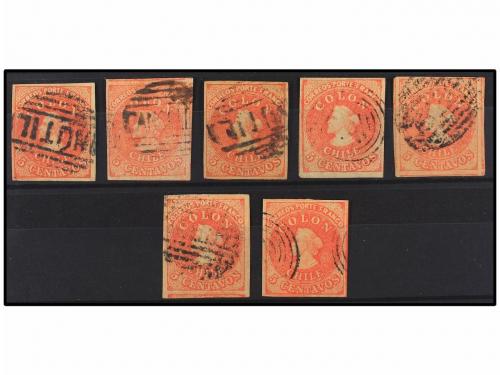 ° CHILE. Sc. 9 (7). 1856-62. 5 ctvos. rojo. Estancos. Siete 