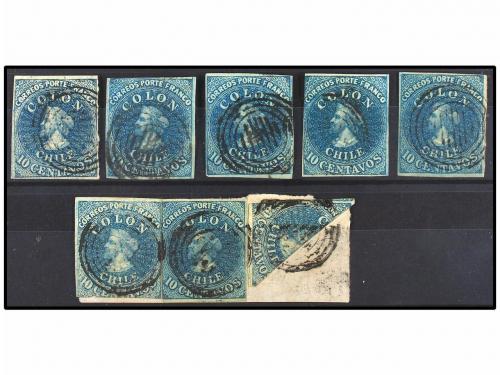 ° Δ CHILE. Sc. 6. 1854. 10 ctvos. azul. Impresión Desmadryl.