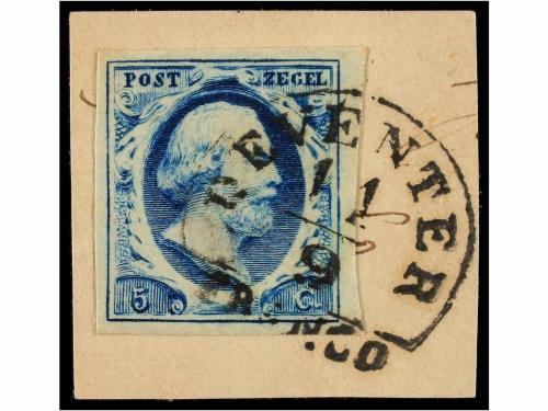 Δ HOLANDA. Mi. 1. 5 cts. blue on piece. DEVENTER. Very fine.