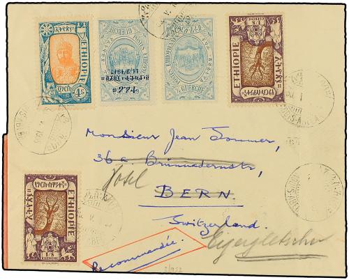 ✉ ETIOPIA. 1935. ADDÍS ABEBA a SUIZA. ESPECTACULAR franqueo.