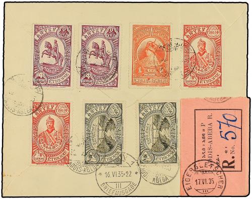 ✉ ETIOPIA. 1935. ADDÍS ABEBA a SUIZA. ESPECTACULAR franqueo.