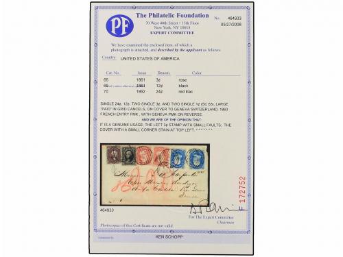 ✉ ESTADOS UNIDOS. 1863. 24c. red lilac (70). Used with 12c. 