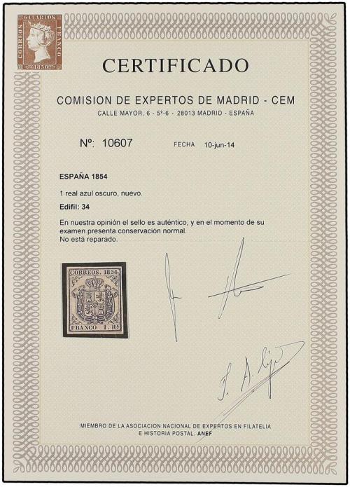 (*) ESPAÑA. Ed. 34. 1 real azul. PIEZA DE LUJO. Cert. CEM y 