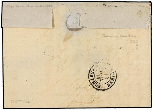 ✉ ESPAÑA. Ed. 95, 96. 1868. AGULLANA a LE PERTHUS (Francia).