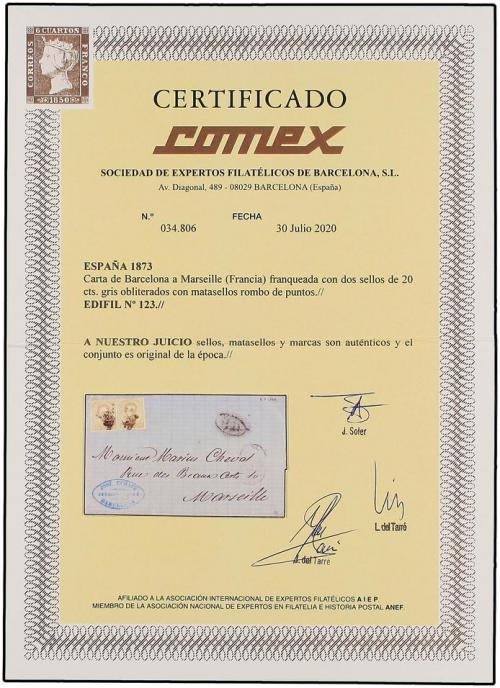 ✉ ESPAÑA. Ed. 123 (2). 1873. BARCELONA a MARSEILLE (Francia)