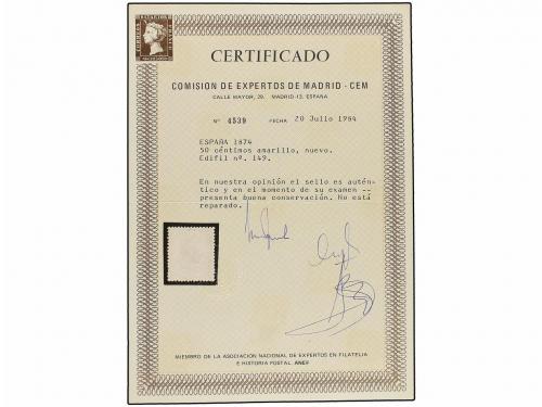 * ESPAÑA. Ed. 149. 50 cts. amarillo. PIEZA DE LUJO. Cert. CE