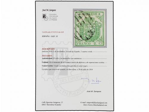 ° ESPAÑA. Ed. 32. 2 cuartos verde. MAGNÍFICO EJEMPLAR. Cert.
