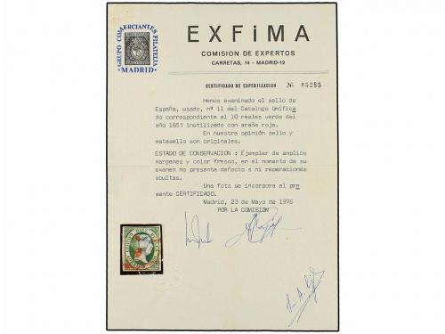 ° ESPAÑA. Ed. 11. 10 reales verde, mat. ARAÑA ROJA. MAGNÍFIC