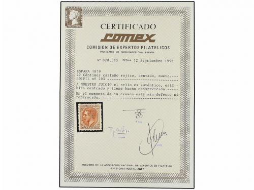 * ESPAÑA. Ed. 203. 20 cts. castaño. PIEZA DE LUJO. Cert. COM