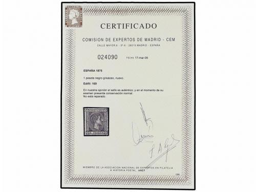 * ESPAÑA. Ed. 169. 1 pta. negro. PIEZA DE LUJO. Cert. CEM. C