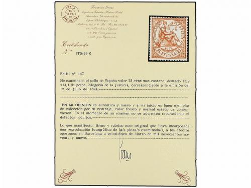 * ESPAÑA. Ed. 147. 25 cts. castaño rojo. PIEZA DE LUJO. Cert