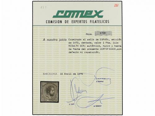 * ESPAÑA. Ed. 127. 1 pta. gris. PIEZA DE LUJO. Cert. COMEX. 
