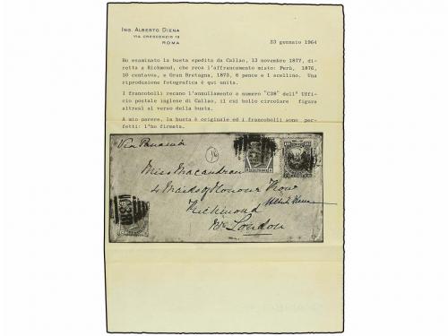 ✉ PERU. 1877. CALLAO a LONDRES. Circulada con sello de 10 ct