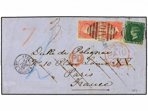 ✉ SAN VICENTE. Sg. 5, 7. 1869. SAINT VINCENT to FRANCE. 1d. 