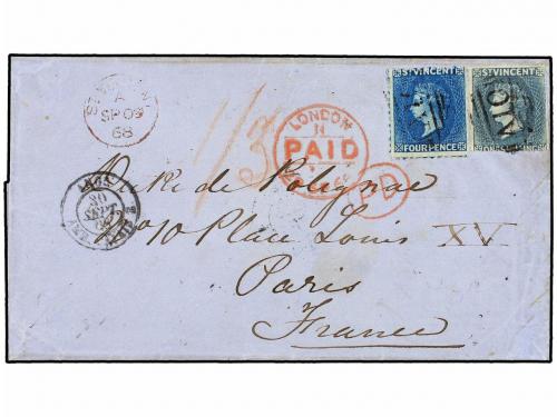 ✉ SAN VICENTE. Sg. 6, 9. 1868. SAINT VINCENT to FRANCE. 4d. 