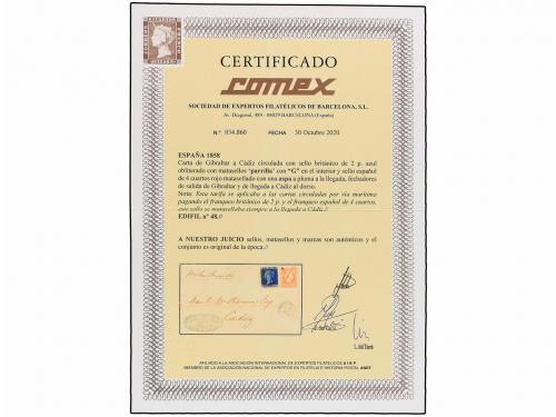 ✉ ESPAÑA. Ed. 48. 1858. GIBRALTAR a CÁDIZ. Circulada con sel