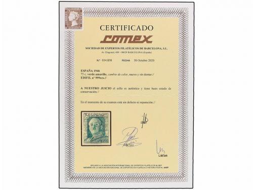 (*) ESPAÑA. Ed. 999ccs. 75 cts. verde ERROR DE COLOR sin den