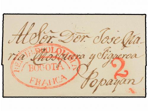✉ COLOMBIA. (1826 CA.). BOGOTÁ a POPAYÁN. Envuelta, marca RE