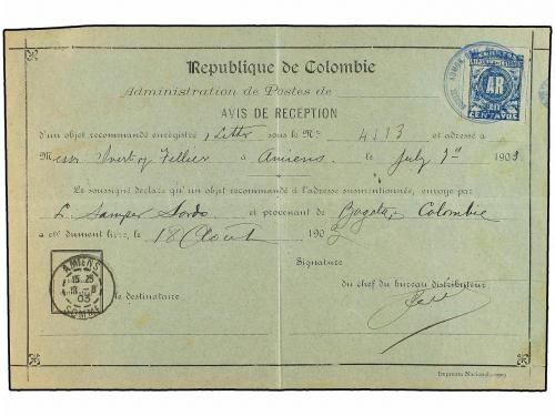 ✉ COLOMBIA. Sc. H-3. 1903. BOGOTÁ a AMIENS (Francia). Acuse 