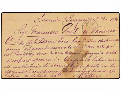 ✉ PARAGUAY. 1886. ASUNCIÓN a ITALIA. Entero Postal de 3 ctvo