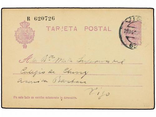 ✉ ESPAÑA ENTEROS POSTALES. Ed. 57. 15 cts. lila con impresió